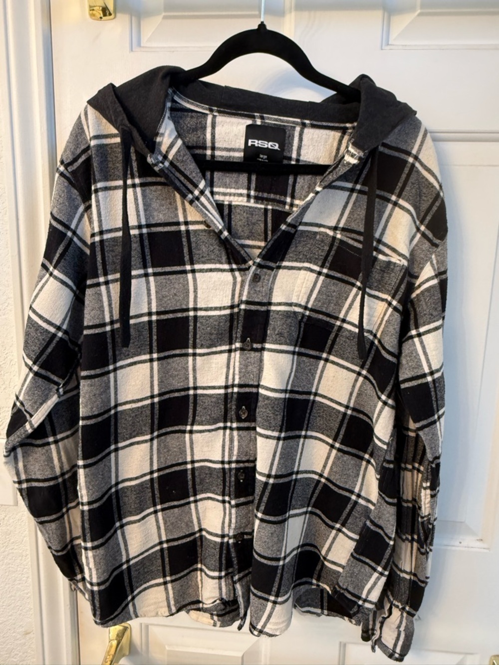 RSQ Black and White Plaid Hooded Button-Down Shirt Jacket